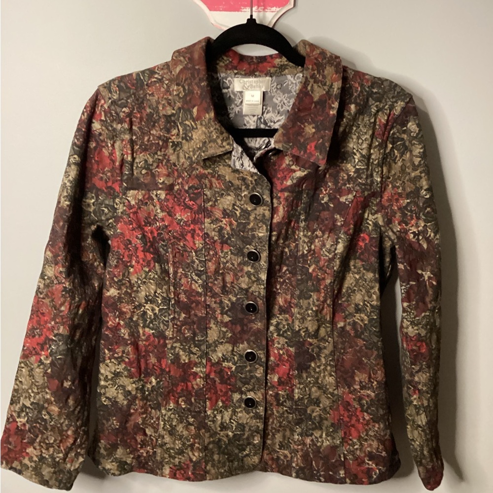 Christopher & Banks Green and Red Blazer with Floral Pattern